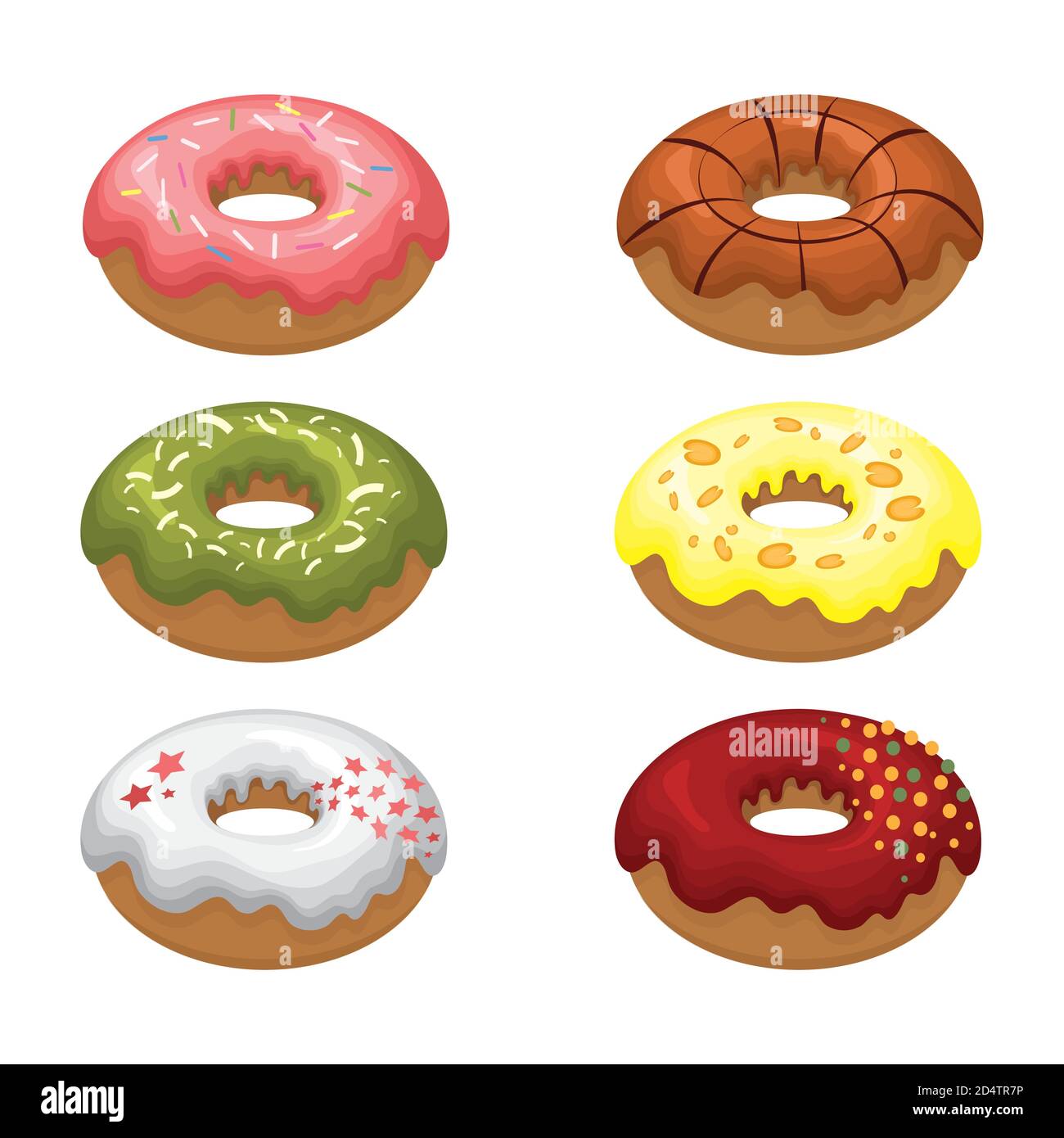 Glazed colored donuts install 3D. Vector illustration on white isolated background. Stock Vector