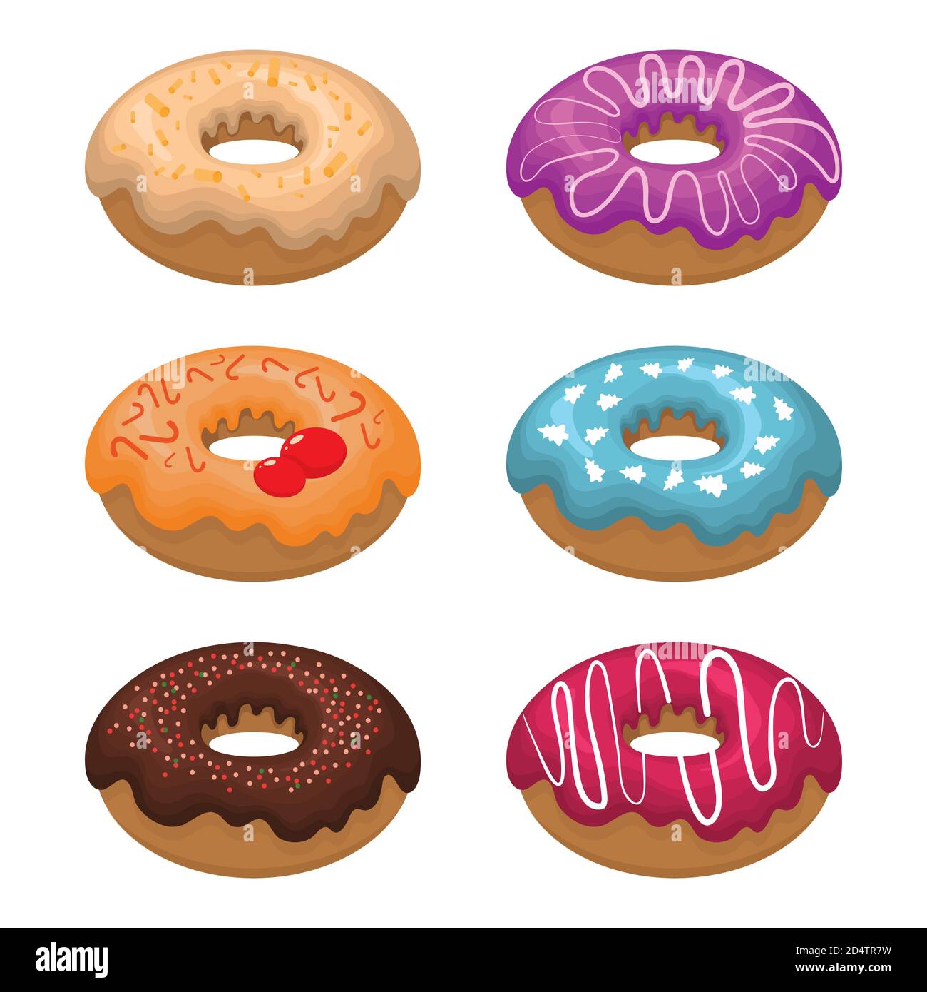 Glazed colored donuts install 3D. Vector illustration on white isolated background Stock Vector