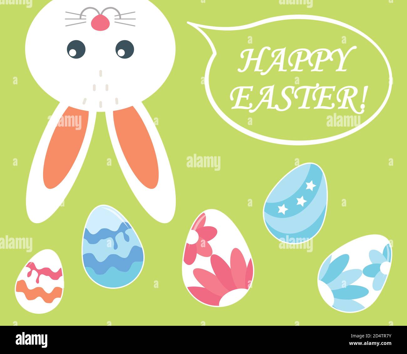 Happy Easter. Easter Bunny with colored eggs. Vector. Stock Vector