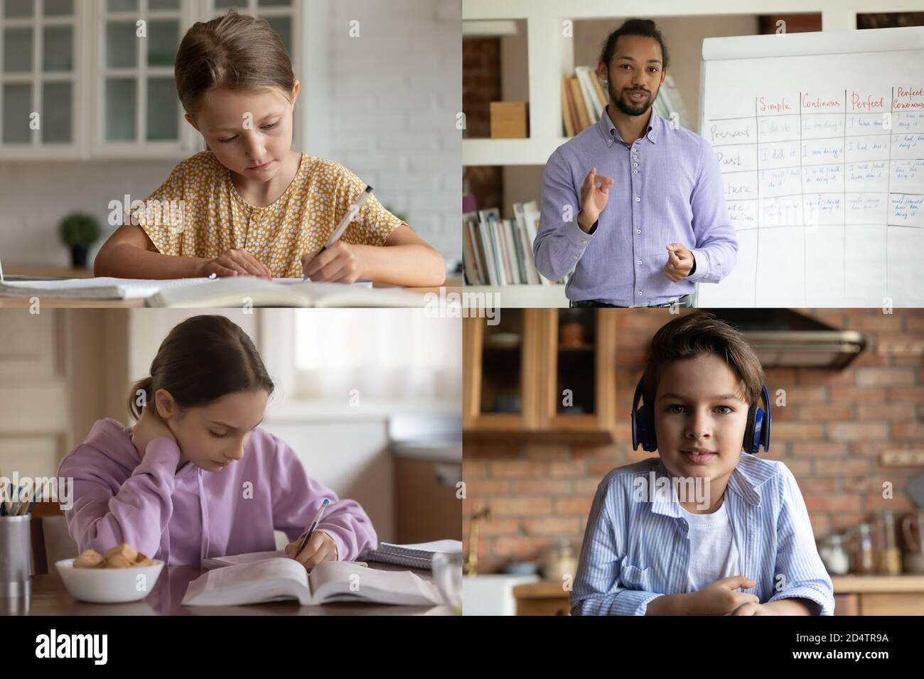 Small kids speak on video call with ethnic male teacher Stock Photo - Alamy