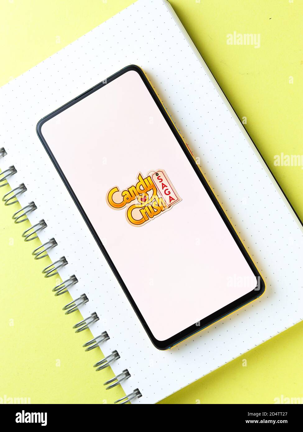 Assam, india - October 11, 2020 : Candy crush saga logo on phone screen stock image. Stock Photo