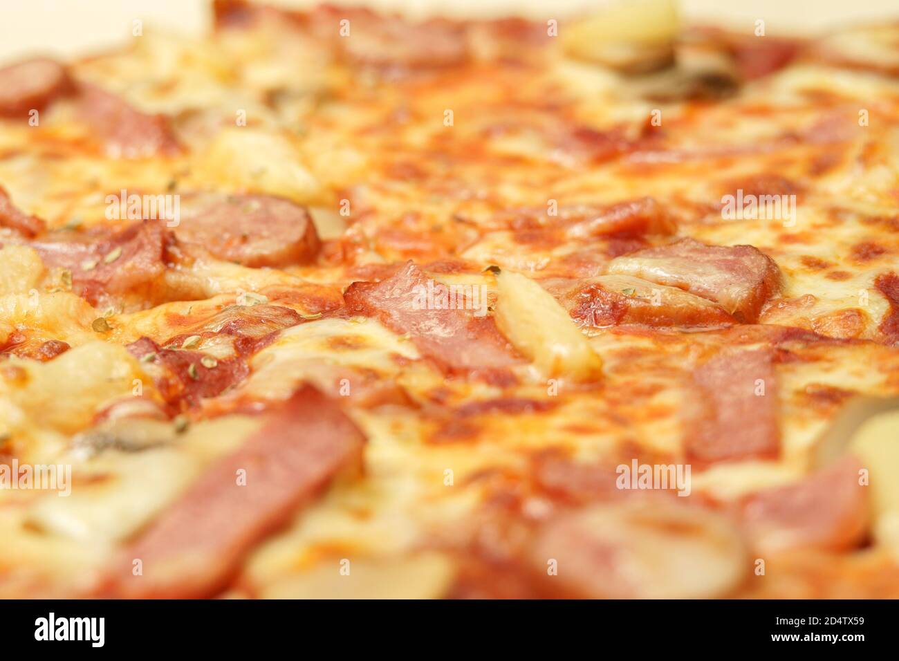 closed up of toping on delicious pizza delivery box Stock Photo
