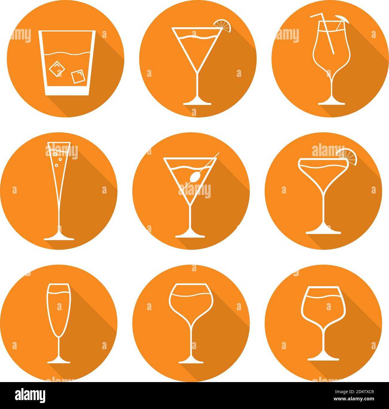 Set flat glasses outline for martini with an olive, champagne, wine, whisky with ice and different alcoholic cocktails. Stock Vector