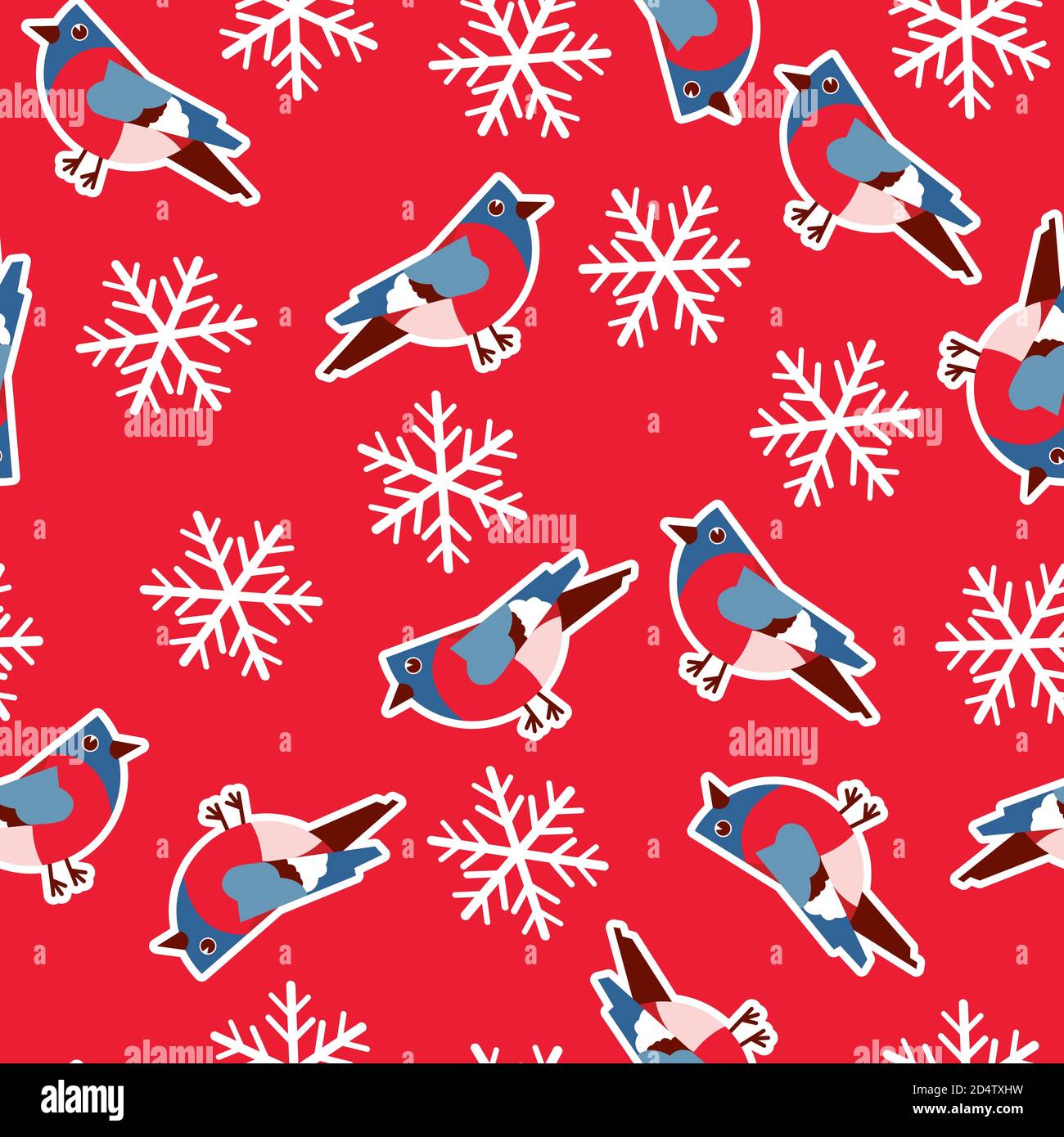 Vector seamless pattern with bullfinches on a red background with snowflakes Stock Vector