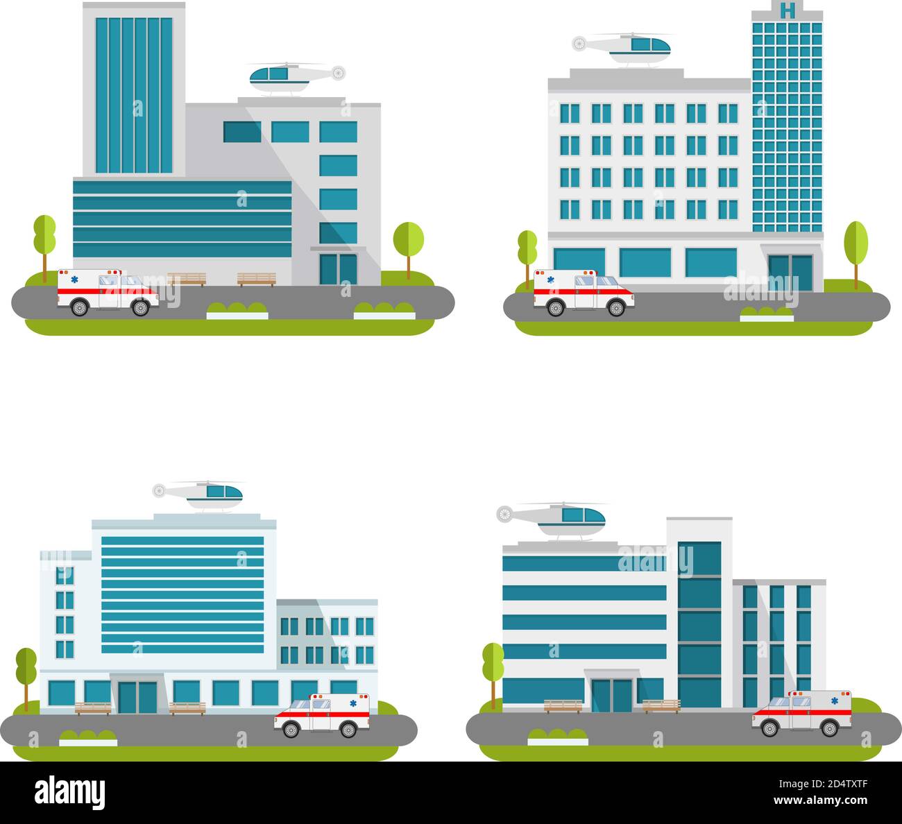 Set of the modern medical centers of rendering ambulance. Hospital with car and helicopter.Ambulatory care. Stock Vector
