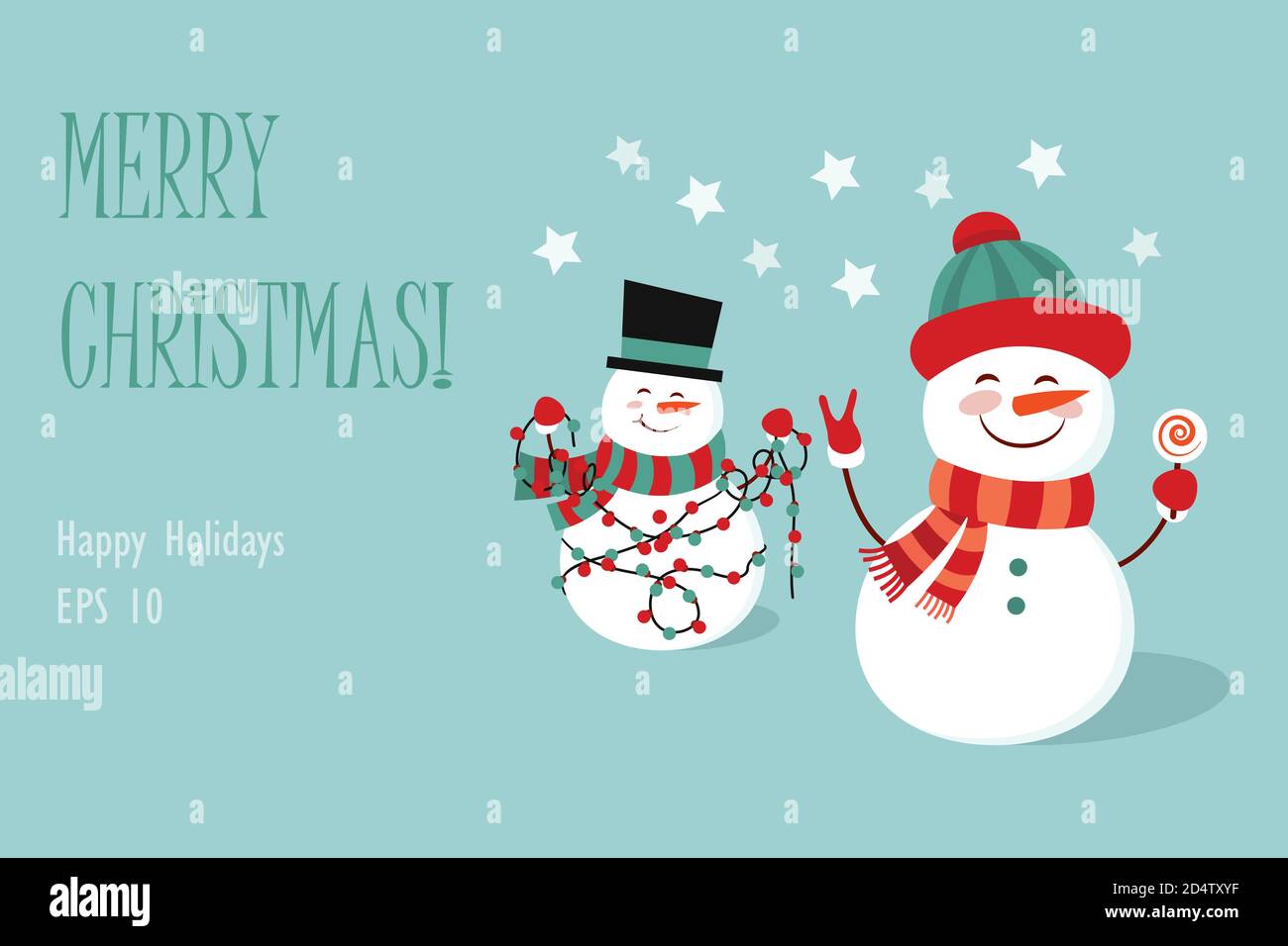 Funny two cartoon snowman, vector illustration with a snowman in top ...