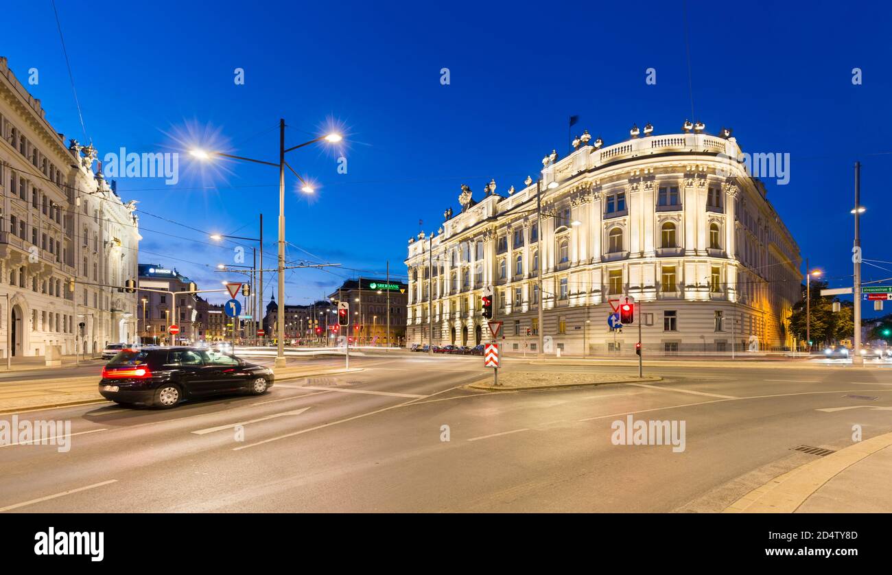 VIENNA - MAY 5:  Night shot of the Schwarzenbergplatz with traffic and night blue sky in Vienna, Austria on May 5, 2018. Stock Photo