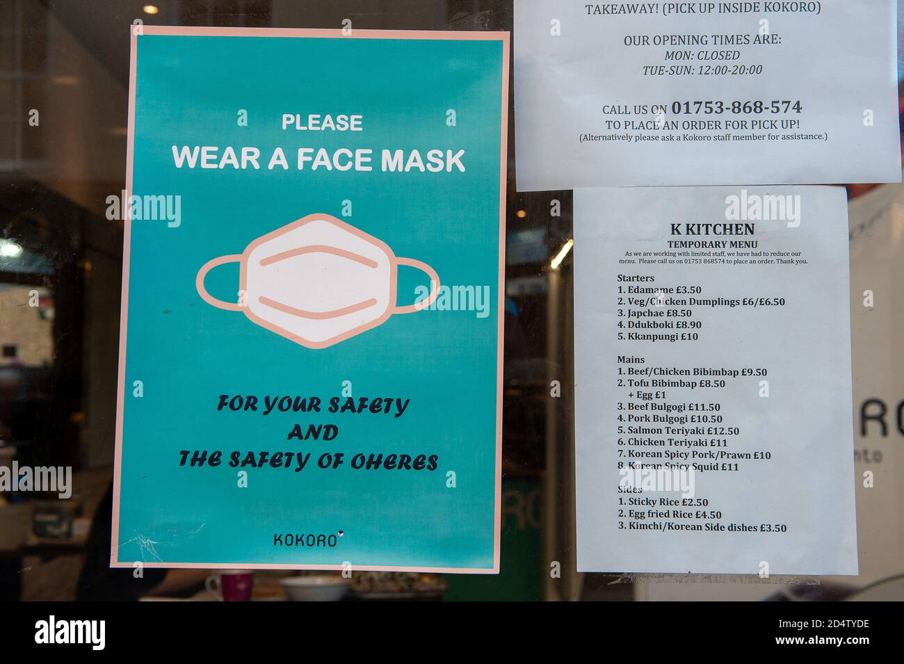 Windsor, Berkshire, UK. 11th October, 2020. A Twenty new cases of Covid-19 have been reported in the past 24 hours in the Royal Borough of Windsor and Maidenhead. Shops and restaurants have more notices in their windows about the measures they are taking to help stop the spread of Covid-19. The Government are expected to announce a new three tier system lockdown system for England following a second spike in positive cases. Credit: Maureen McLean/Alamy Stock Photo