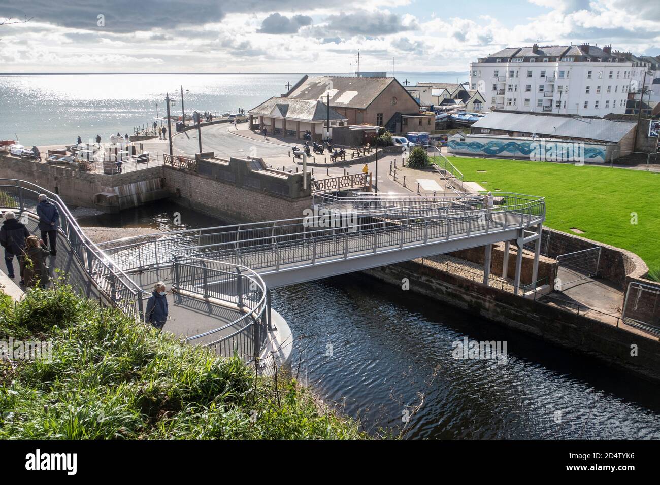 The new Alma Bridge Sidmouth, part of the South West Coastal Path, crossing the River Sid. Completed in October 2020, it's completion was delayed due Stock Photo