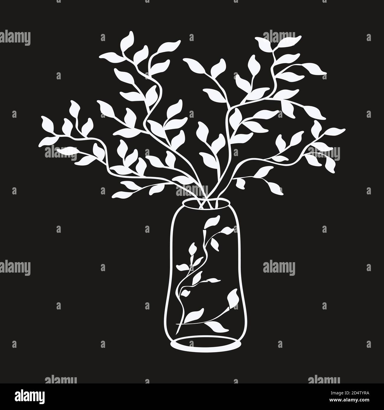 Vector outline simple illustration white tree branches in a vase on black background. Sketch for books. Print on paper, fabric, ceramics. Pattern for Stock Vector