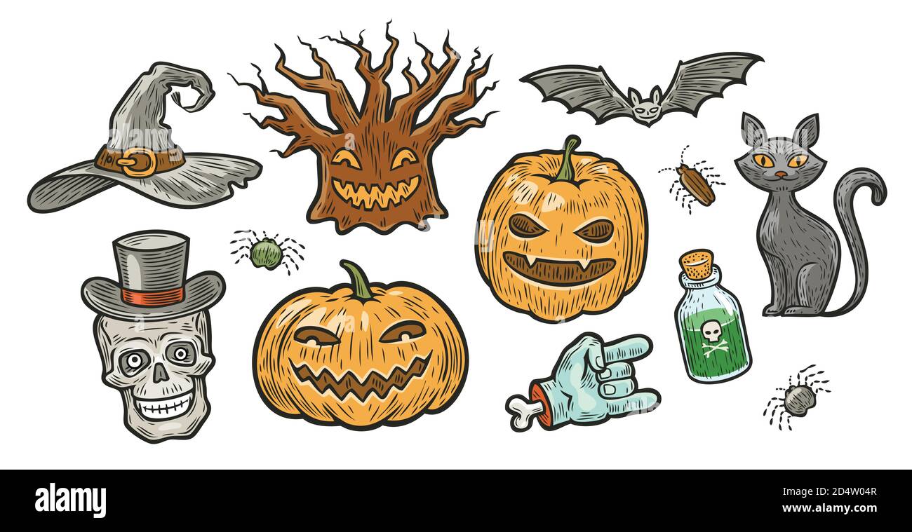 Halloween symbol set. Holiday decorations vector illustration Stock Vector