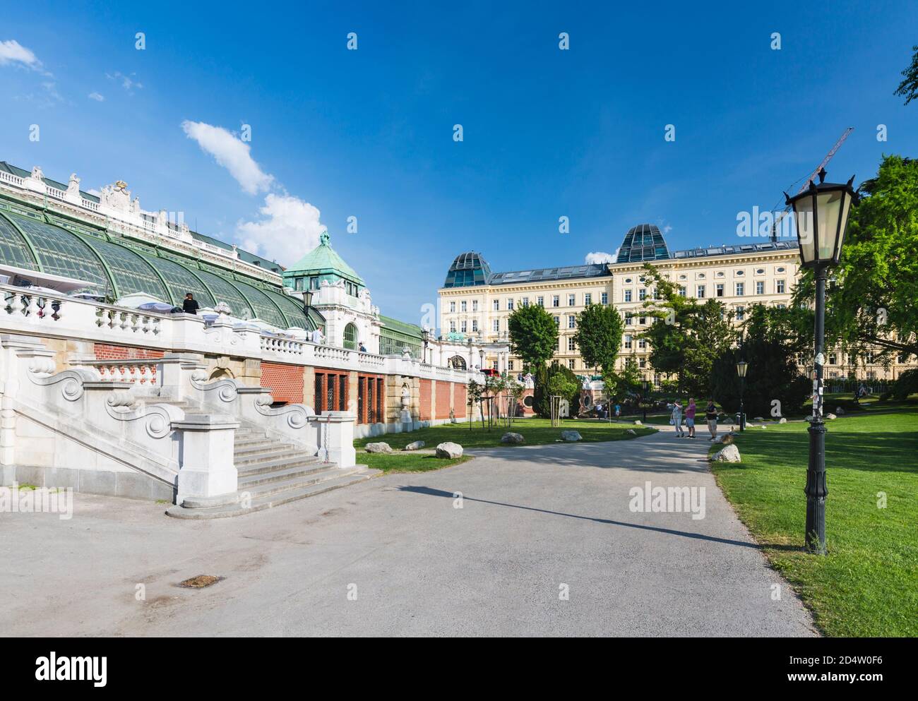 VIENNA - MAY 3: View of the Vienna Burggarten park in summer, Austria with the Palmenhaus to the left on May 3, 2018 Stock Photo