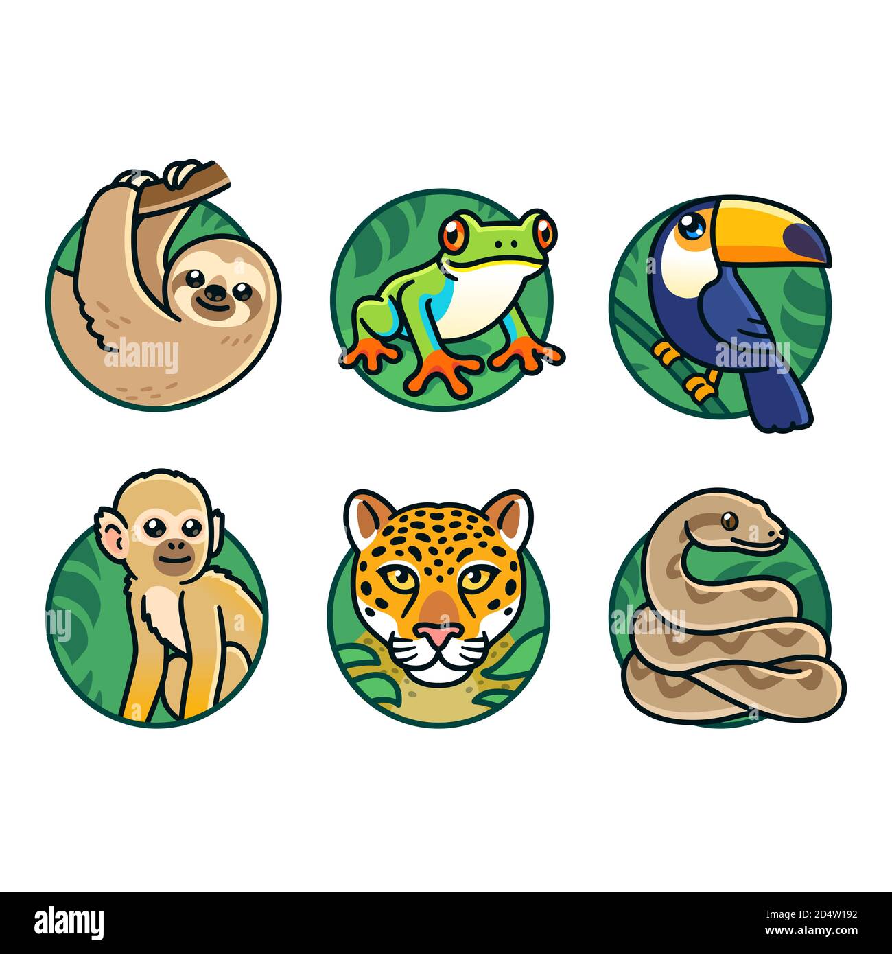 Cute cartoon rainforest animals set. Sloth, tree frog, toco toucan, spider monkey, jaguar and boa constrictor. Jungle wildlife vector illustrations. Stock Vector