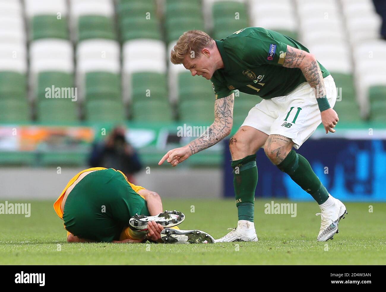 Republic of Ireland's James McClean after fouling Wales' Ethan Ampadu, which resulted in a second yellow card during the UEFA Nations League Group 4, League B match at the Aviva Stadium, Dublin. Stock Photo