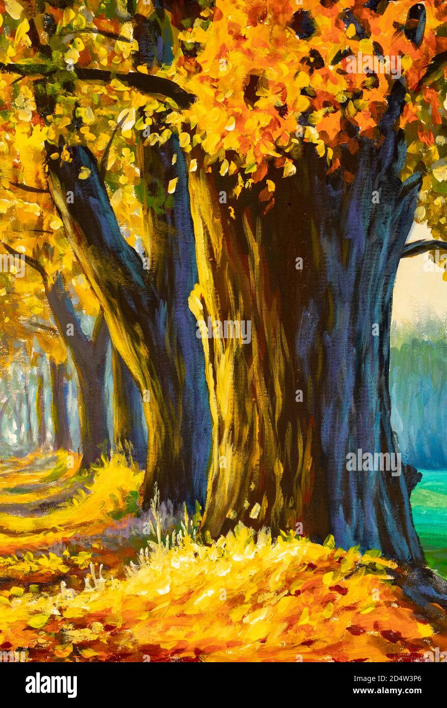 Vertical autumn oil painting big old trees oak in autumn park forest modern autumn illustration on canvas Stock Photo