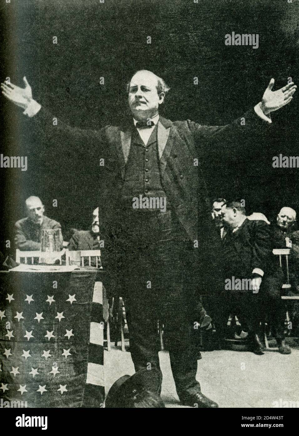 William Jennings Bryan (1860-1925)  was an American orator and politician from Nebraska. Beginning in 1896, he emerged as a dominant force in the Democratic Party, running three times as the party's nominee for President of the United States in the 1896, 1900, and 1908 elections. Bryan's efforts on behalf of farmers and laborers (the so-called 'common' people) earned him the title the 'Great Commoner.' Stock Photo