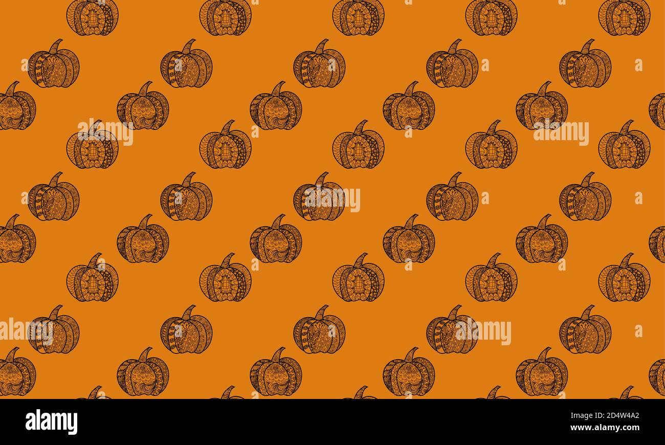 Seamless pattern of tracery Halloween and thanksgiving pumpkins on an orange background Stock Vector