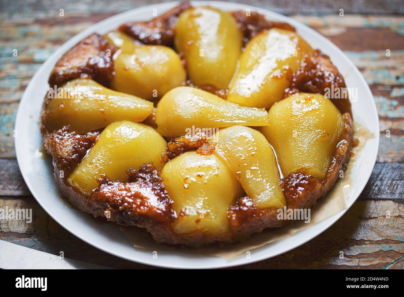 Pear tarte tatin. Upside down cake with caramel and pears Stock Photo