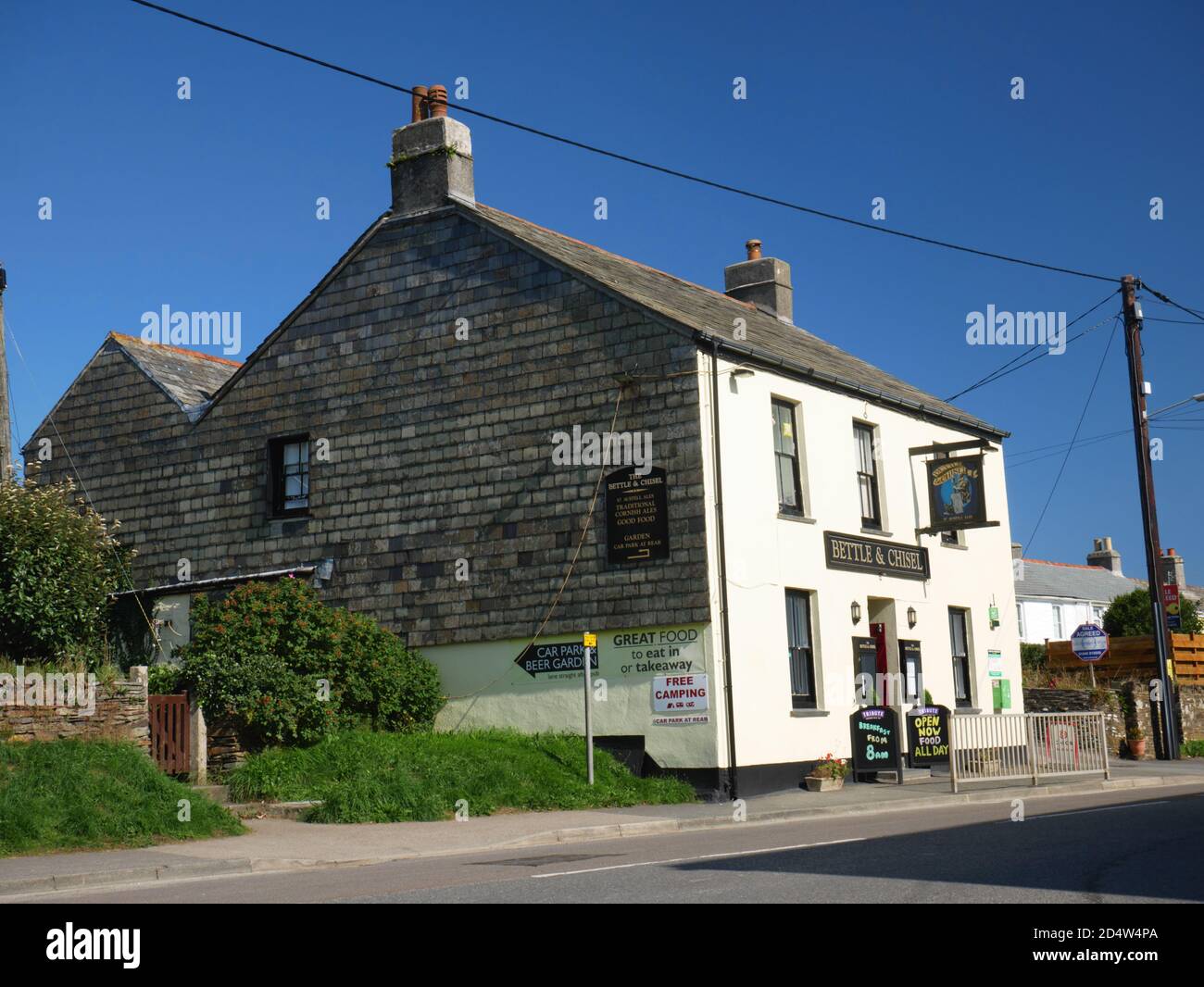 The Bettle and Chisel pub in Delabole, Cornwall, whose sign depicts a