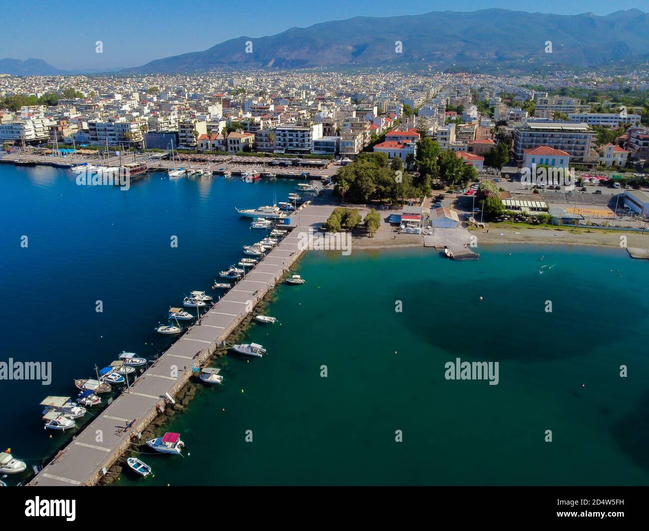 Aerial view of Kalamata marina with fishing boats in line Stock Photo