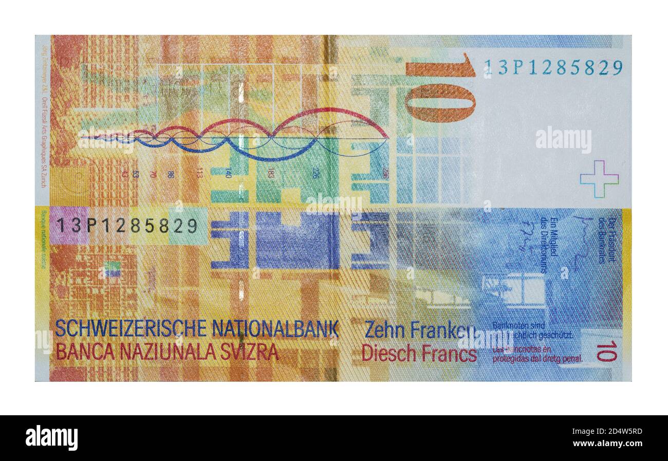 backside of 10 Switzerland francs note Stock Photo