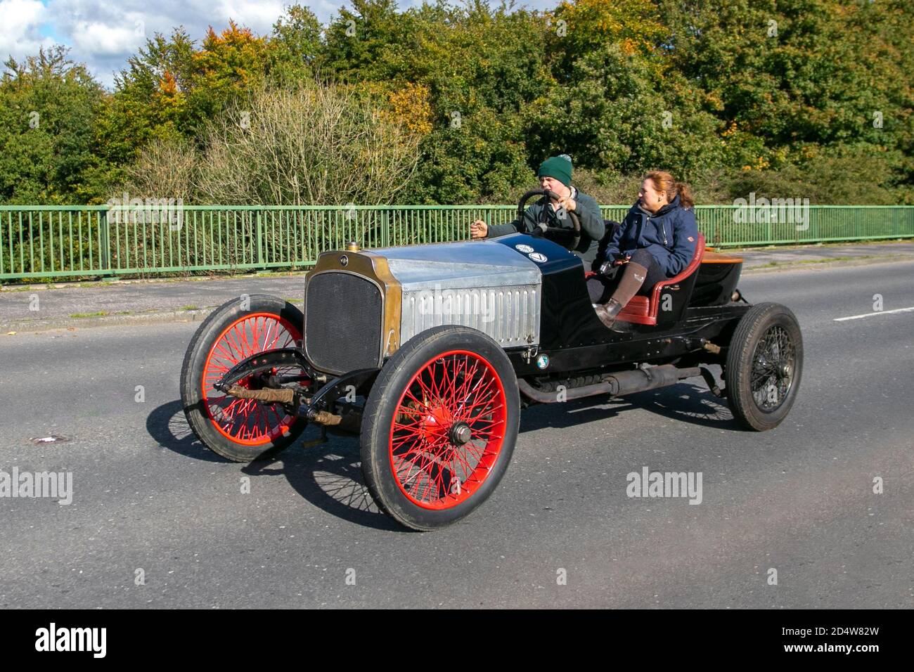 Vauxhall's D Type motor car Rare Vintage pre-war 1914 1900s black 3996cc gets an outing on a sunny day in Chorley. The Vauxhall D-Type, or '25hp,' which first rolled off the production line in 1915, crossed battlefields on the Western Front (modern Germany, Luxembourg, and Belgium), Egypt, and Russian Empire. It had a 4-cylinder 3,969cc engine that could take five passengers to just over 60 mph. Reserved for use by military higher-ups, the D-Type offered an alternative to travelling through conflict zones by horse. One of only two D-types that survive. Stock Photo