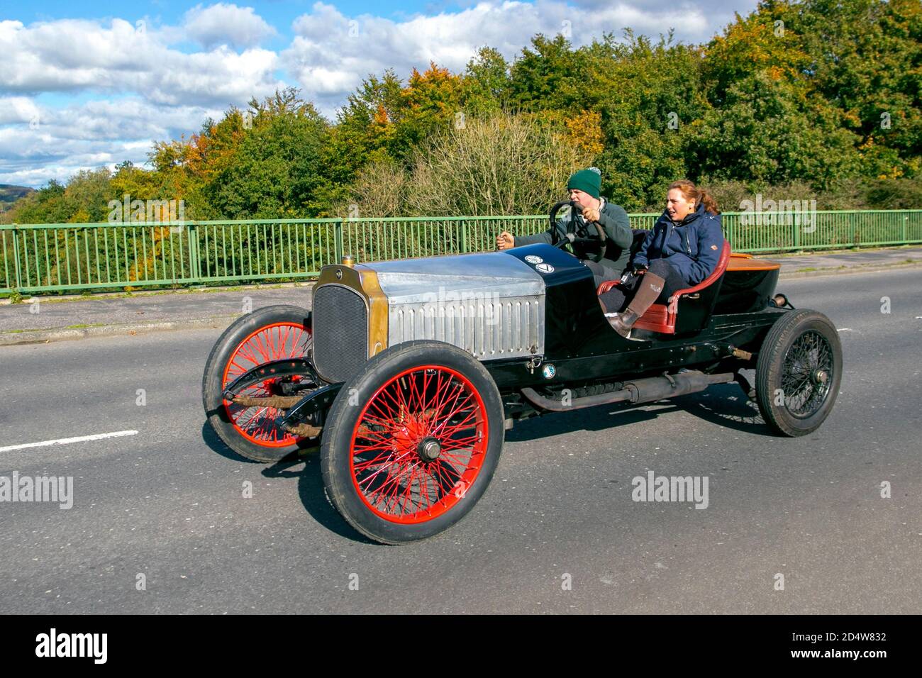 Vauxhall's D Type motor car Rare Vintage pre-war 1914 1900s black 3996cc gets an outing on a sunny day in Chorley. The Vauxhall D-Type, or '25hp,' which first rolled off the production line in 1915, crossed battlefields on the Western Front (modern Germany, Luxembourg, and Belgium), Egypt, and Russian Empire. It had a 4-cylinder 3,969cc engine that could take five passengers to just over 60 mph. Reserved for use by military higher-ups, the D-Type offered an alternative to travelling through conflict zones by horse. One of only two D-types that survive. Stock Photo