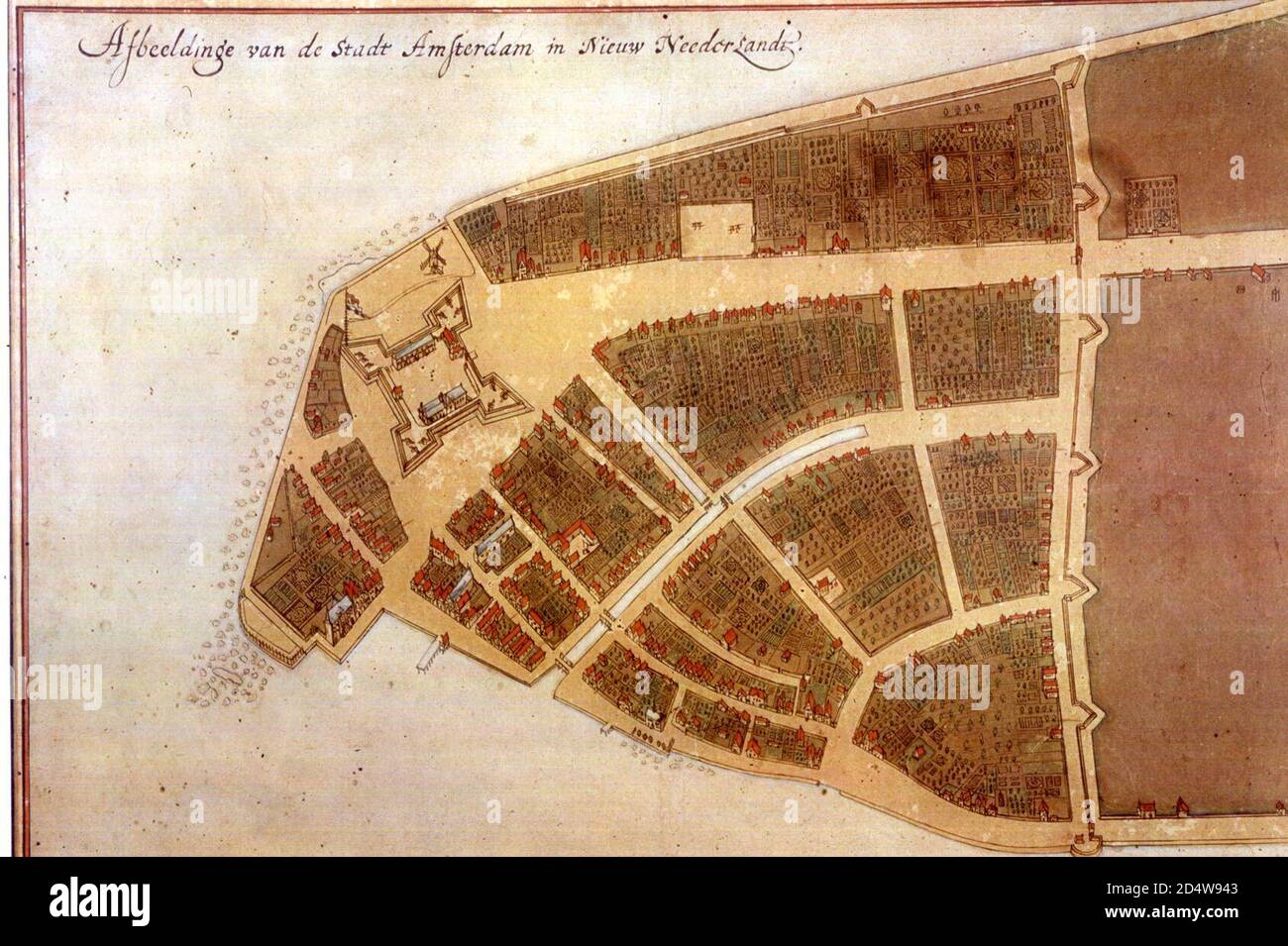 The original en:Castello Plan. Full size photograph of manuscript map in the Biblioteca Medicea-Laurenziana of Florence, Italy. The Castello plan is the earliest known plan of Amsterdam (so not New Amsterdam, as you can see on the picture), and the only one dating from the Dutch period. The text at the top of the image states: 'Image of the city Amsterdam in New Netherland'. Stock Photo