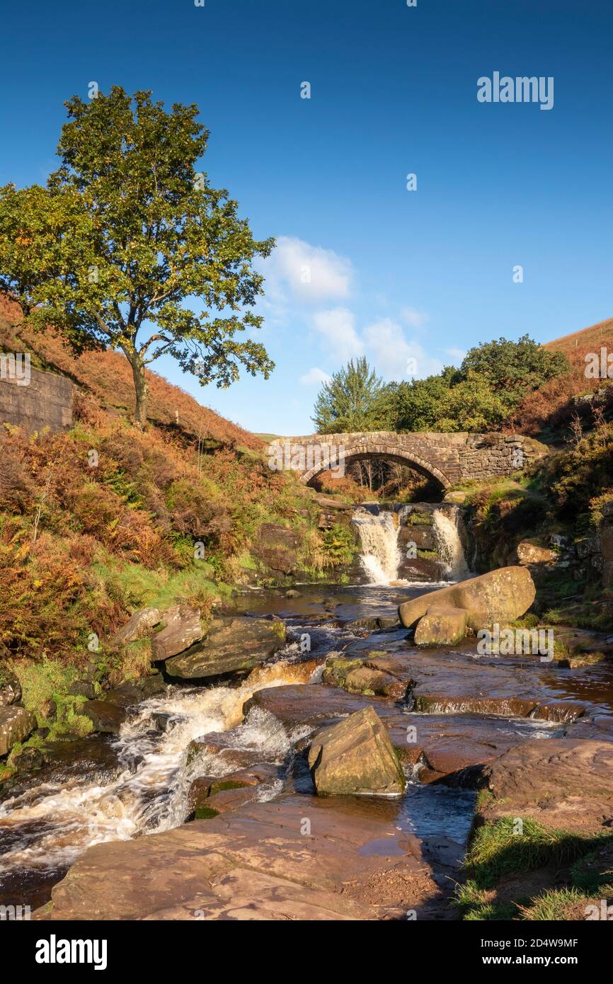 UK, England, Staffordshire, Moorlands, Axe Edge Moor, Three Shires Head old stone packhorse bridge over River Dane Stock Photo
