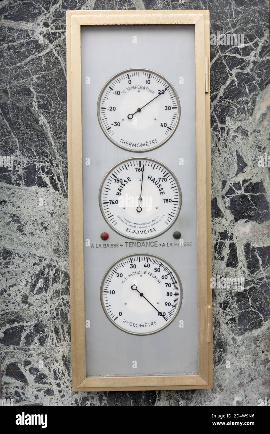 Vintage weather station on the wall Barometer, Hygrometer and Thermometer Stock Photo