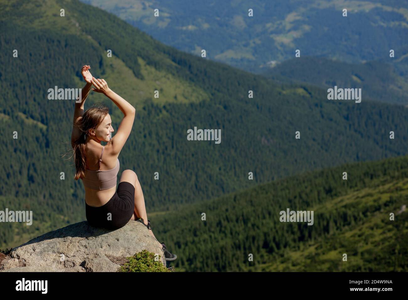 Hiker woman standing hands up hi-res stock photography and images - Alamy