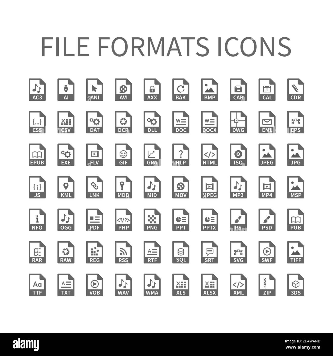 File type vector icons. File format icon set, files buttons. Stock Vector