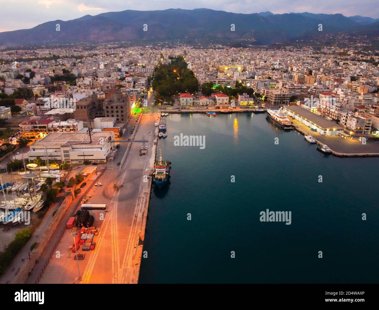Aerial view of Kalamata port at dusk, one of the biggest ports in Peloponnese, Greece Stock Photo