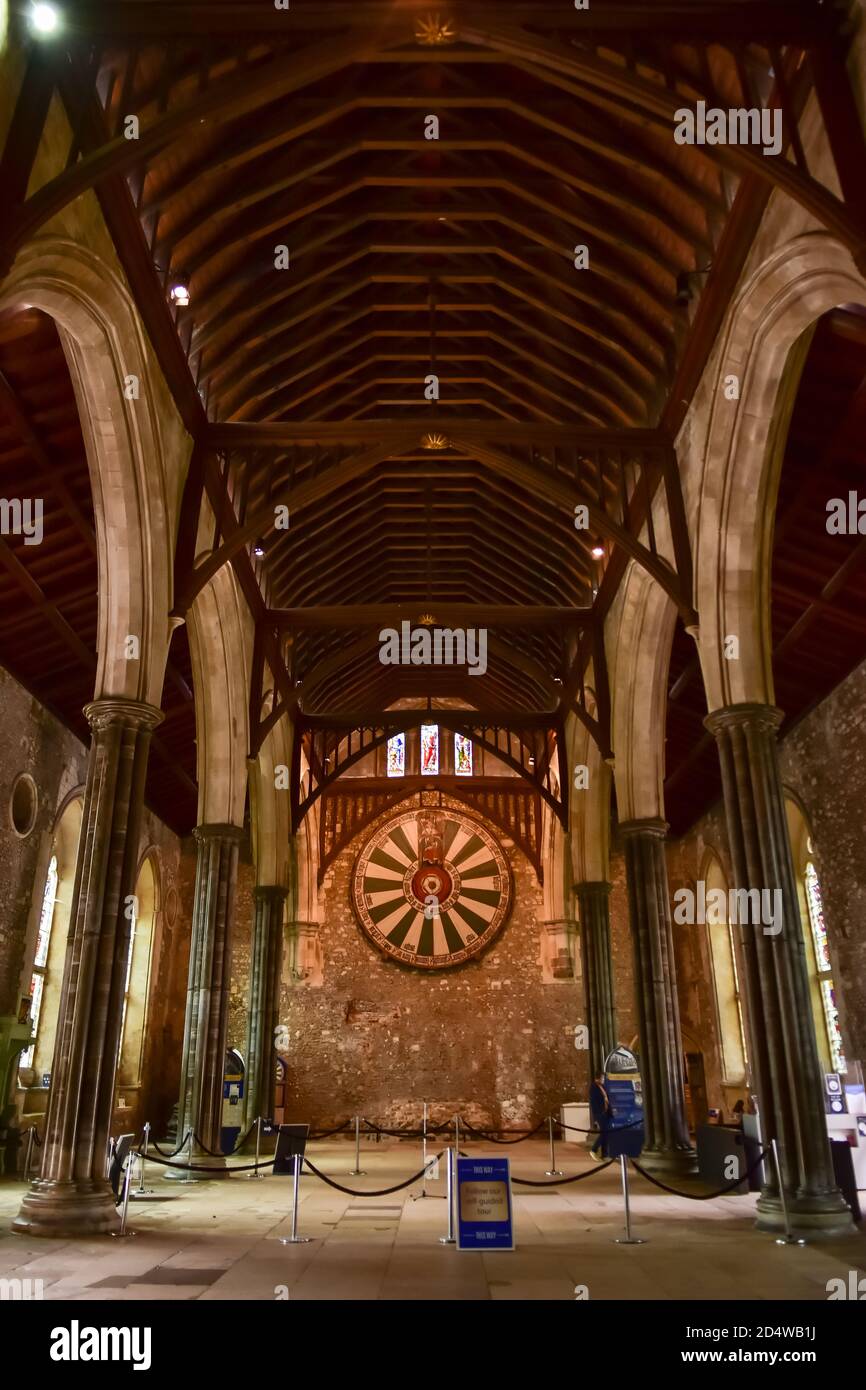 The 'Round Table' hanging on the wall in the Great Hall of Winchester Castle Stock Photo