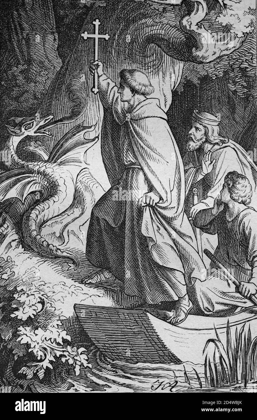 Holy Pirmin overcomes with the cross the dragon, historical steel engraving from the year 1860 Stock Photo
