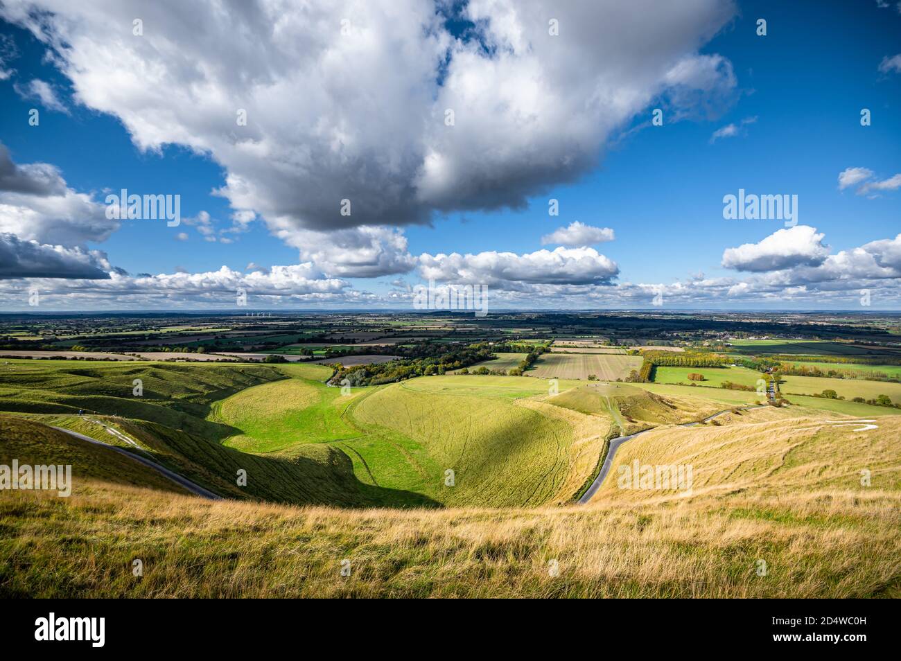 Scenic view from the bronze age Uffington White Horse over the