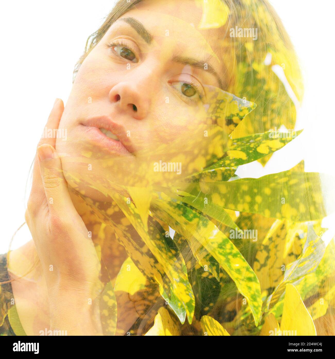Young woman double exposure portrait with leaves Stock Photo - Alamy