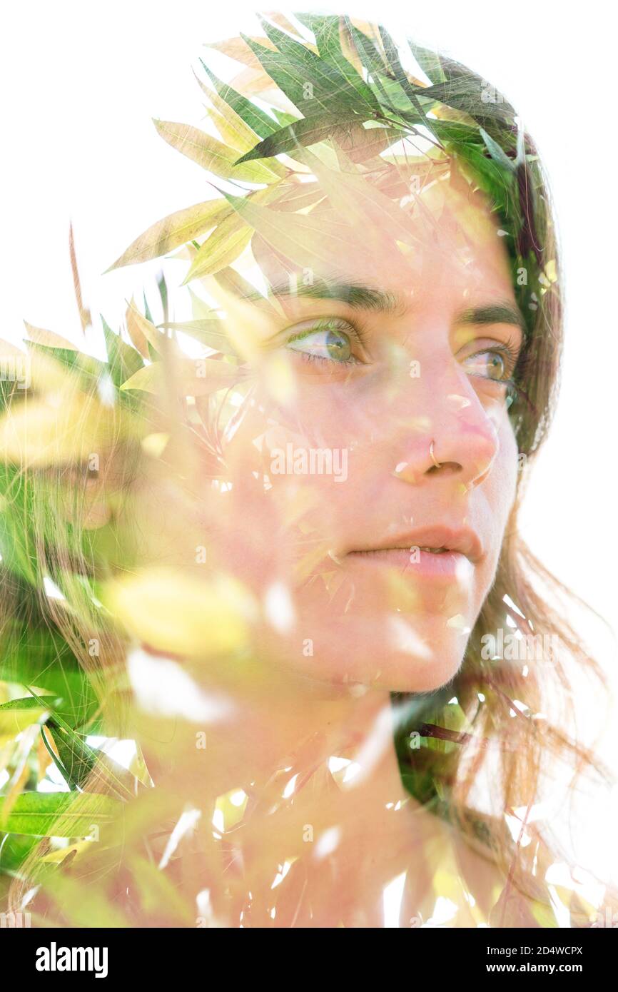 Young woman double exposure portrait with leaves Stock Photo - Alamy