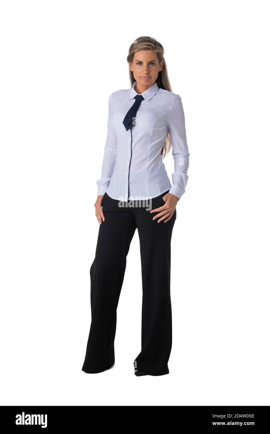 Full length portrait of young business woman studio isolated on white ...