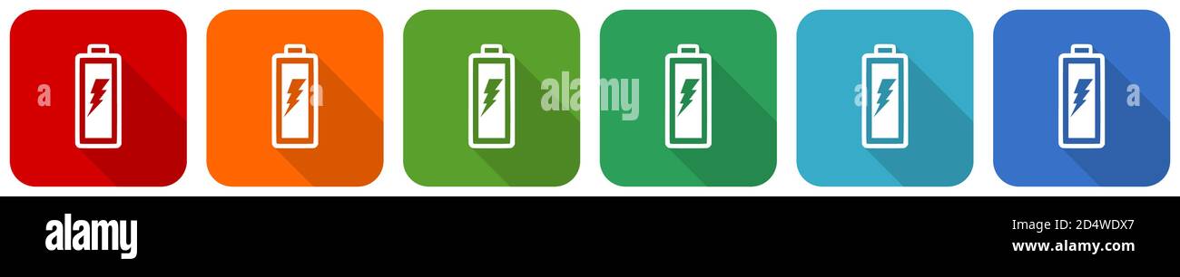 Battery icon set, flat design vector illustration in 6 colors options ...