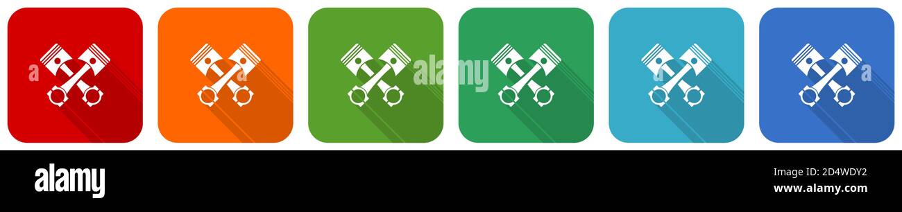Pistons icon set, flat design vector illustration in 6 colors options ...