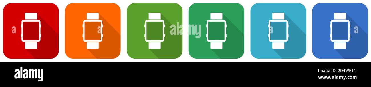 Smartwatch icon set, flat design vector illustration in 6 colors ...