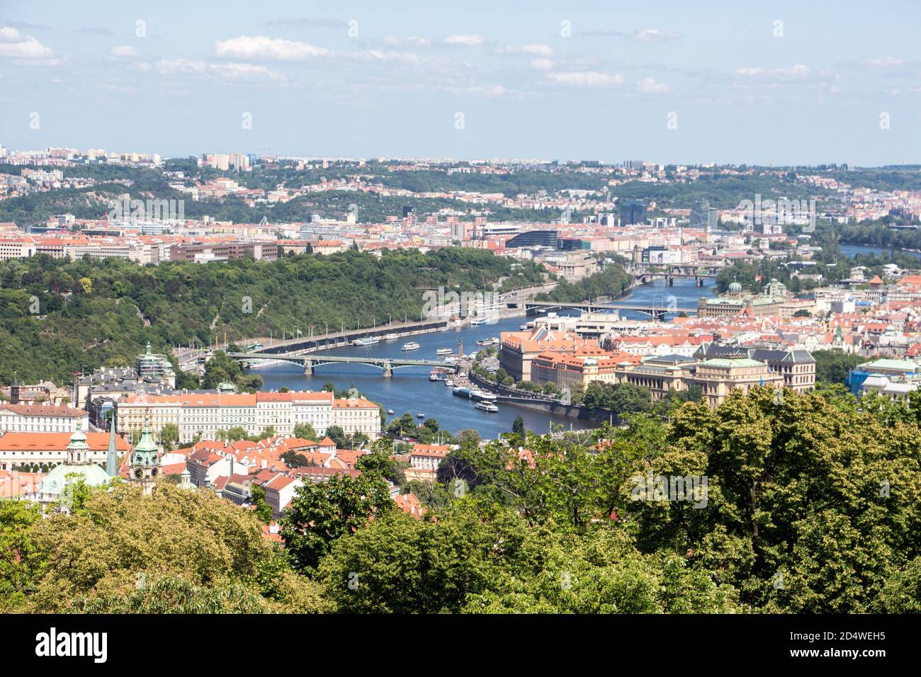 Prague panorama charles bridge river from mountain skyview Stock Photo