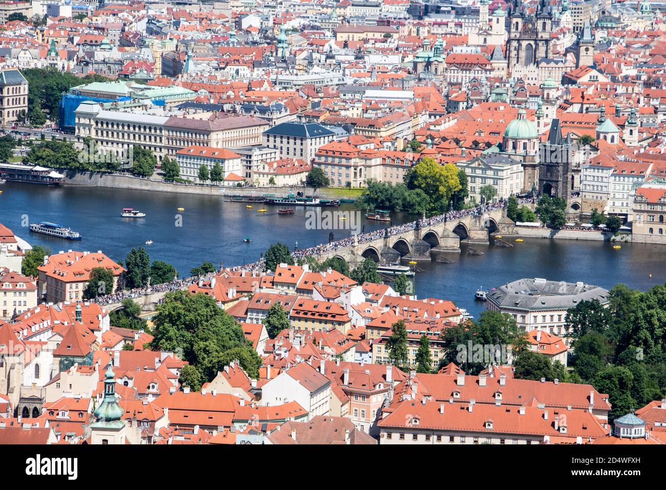 Prague panorama charles bridge river from mountain skyview Stock Photo