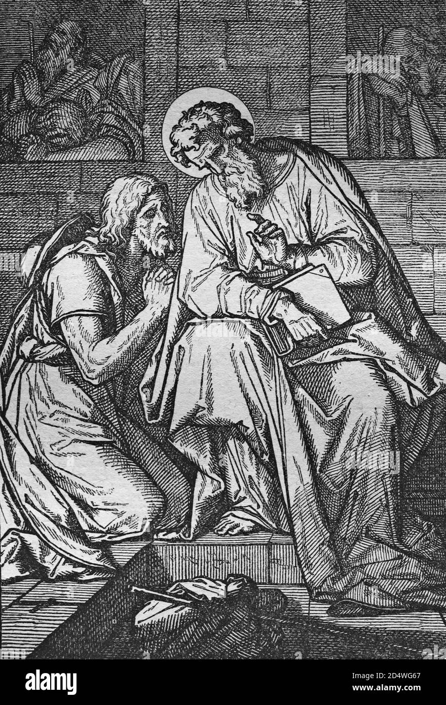 The Confession, historic bible steel engraving from 1860 Stock Photo