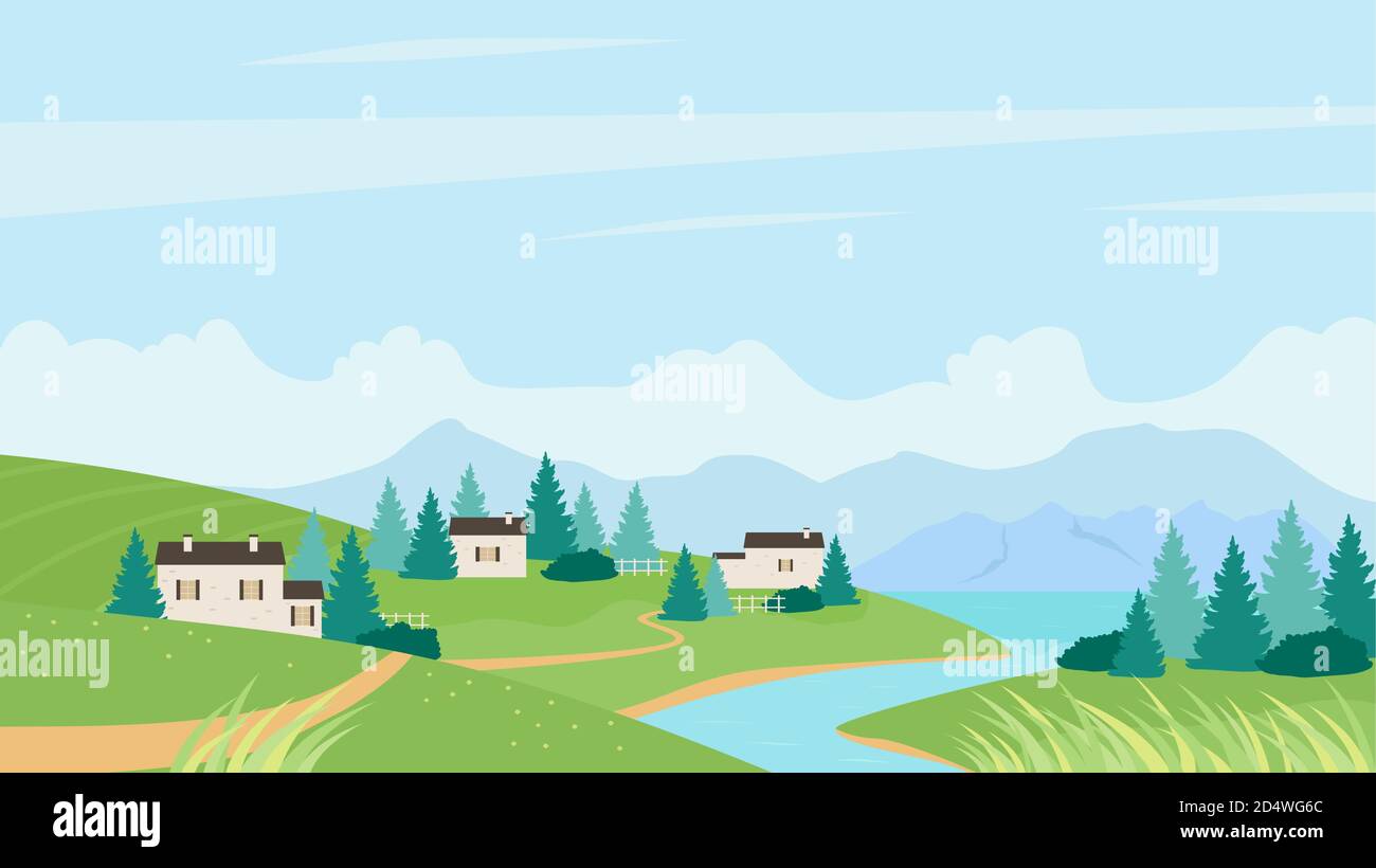 Summer village and river landscape vector illustration. Cartoon green nature scenery with picturesque settlement on riverbank, farmers houses and gardens, summertime natural panorama background Stock Vector