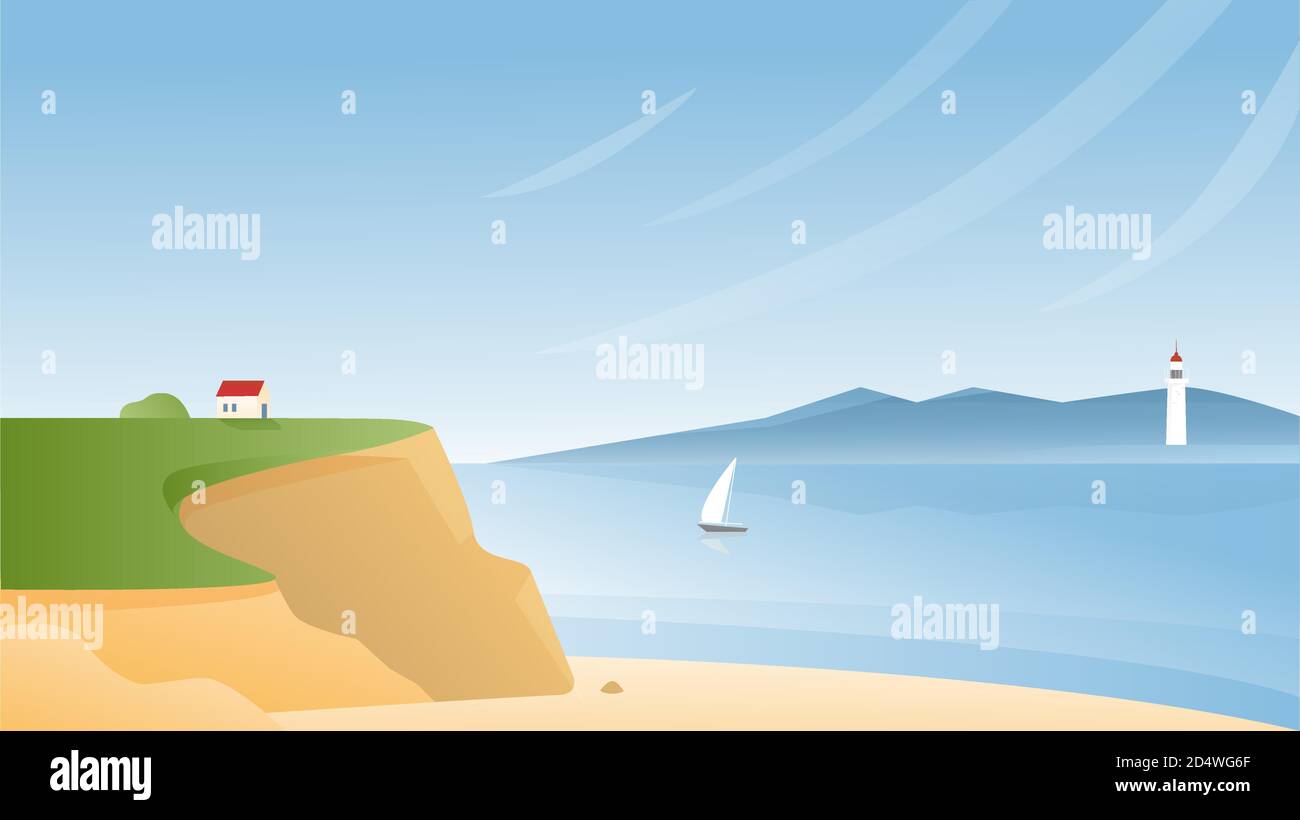 Rocky sea coast vector illustration. Cartoon flat panoramic scenic seascape with tranquil nature beach, small house on rocks, sailing boat ship in bay waters, lighthouse on horizon natural background Stock Vector