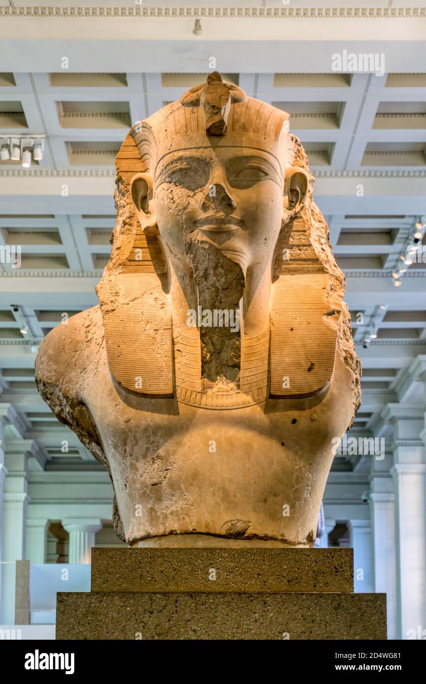 Bust of King Amenhotep III in the Egyptian Galleries of the British Museum. Stock Photo