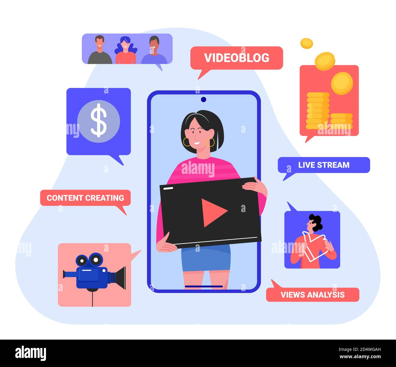 Videoblog vlog concept vector illustration. Cartoon flat videoblogger streamer woman character presents creative video content or stream on smartphone screen in social media networks isolated on white Stock Vector