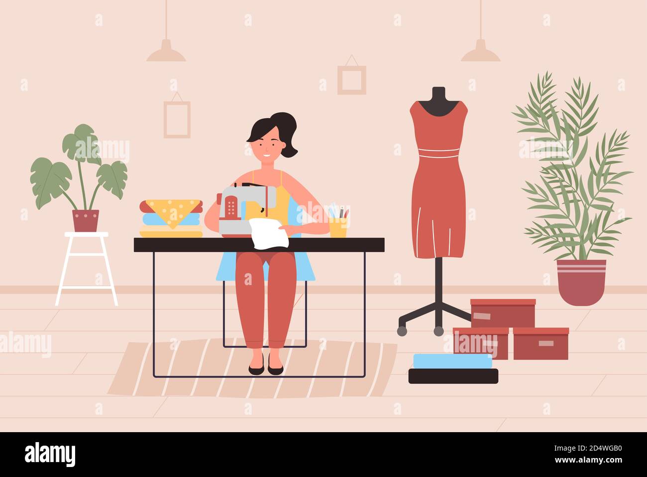 Tailoring crafting hobby at home flat vector illustration. Cartoon happy young woman tailor character working on sewing machine, seamstress hobbyist in household chore or craft homework background Stock Vector